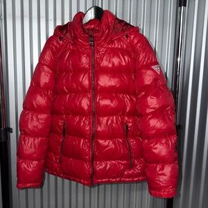 Guess Men's Red Hooded Puffer Coat Jacket Size medium